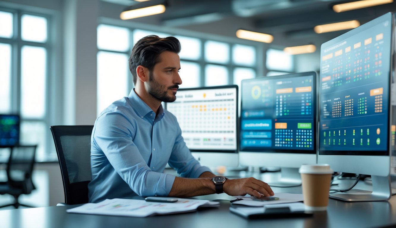 Seorang pria duduk di kantor modern dengan beberapa layar komputer yang menampilkan data dan grafik, terlihat fokus dan profesional.