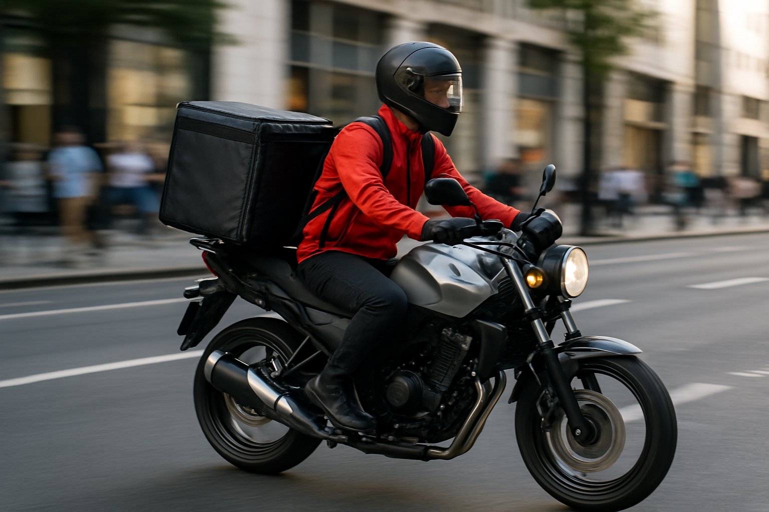 A courier riding a motorcycle with a delivery box on a busy city street.