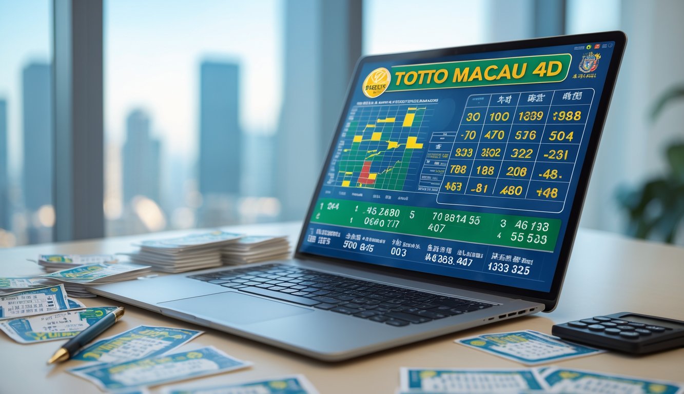 Meja kerja dengan laptop, tiket lotere, kalkulator, dan pena di ruangan dengan jendela besar dan pemandangan kota.