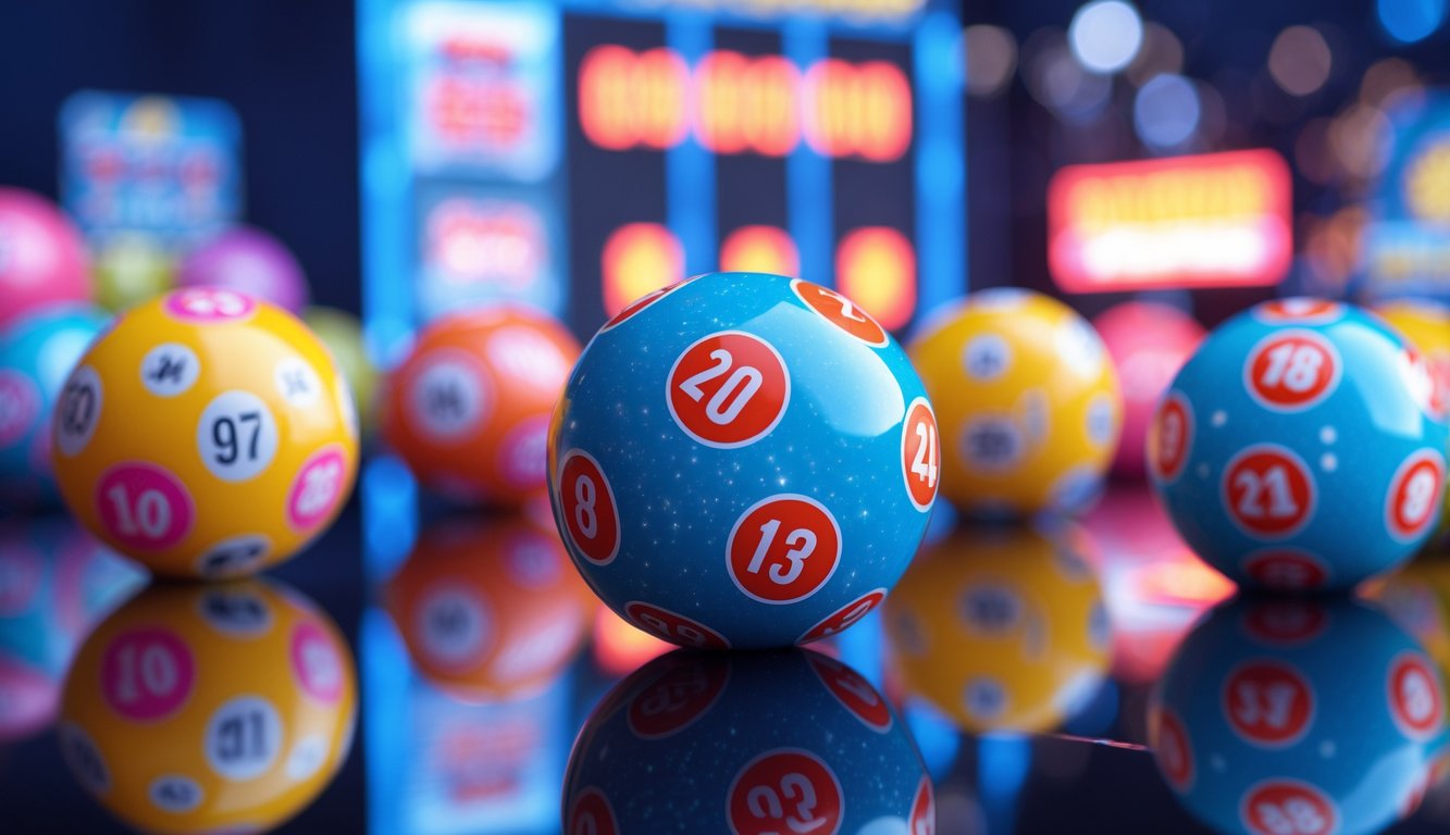 Beberapa bola lotere berwarna-warni dengan angka, di atas permukaan mengkilap, dengan latar belakang tiket lotere dan tampilan jackpot digital yang samar.