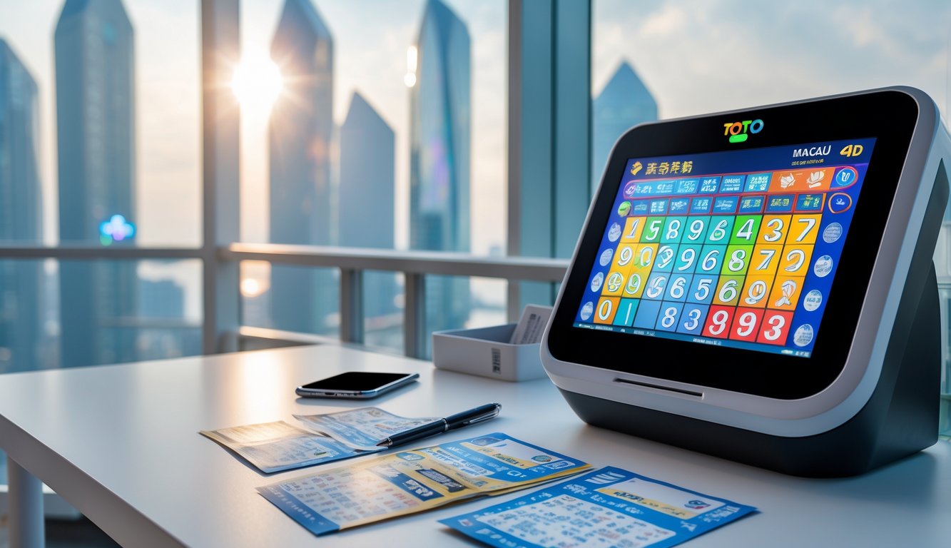 Suasana ruang lotere modern dengan mesin tiket digital, layar angka berwarna, dan pemandangan kota Macau di latar belakang.