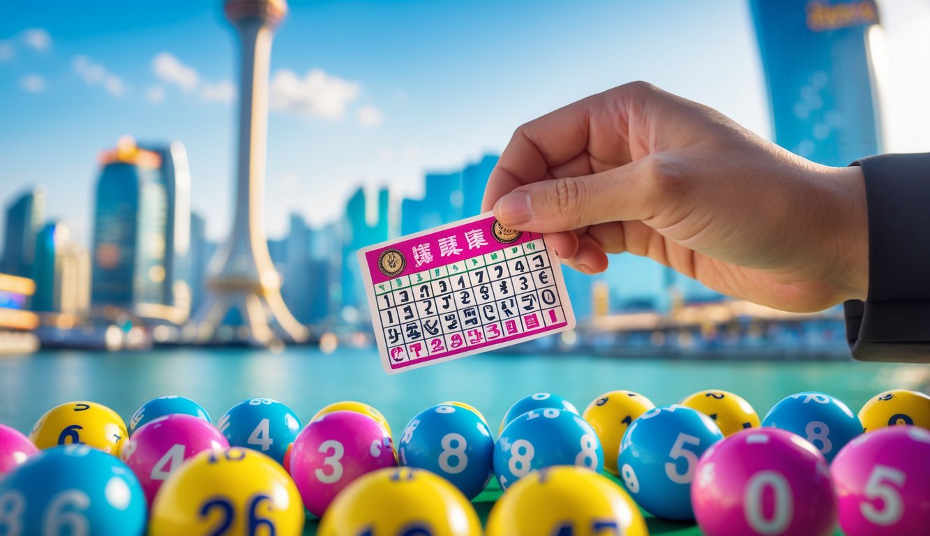 Tangan memegang tiket lotere dengan bola lotere bernomor dan latar belakang pemandangan kota Macau yang modern dan cerah.