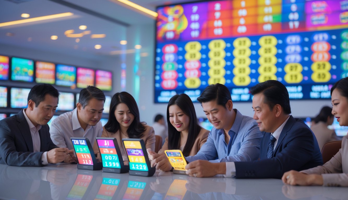 Sejumlah orang dewasa sedang memeriksa tiket lotere di ruangan modern dengan layar digital menampilkan angka-angka lotere yang berwarna-warni.