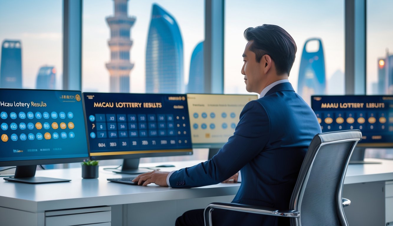 Seorang pria Asia duduk di meja kerja dengan beberapa layar komputer yang menampilkan angka lotere dan grafik, dengan latar belakang pemandangan kota Macau yang samar.