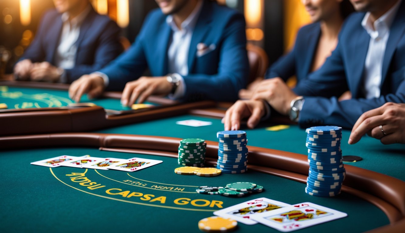 Meja kasino dengan kartu dan chip tertata rapi, pemain yang fokus sedang bermain Capsa di lingkungan kasino yang hidup.