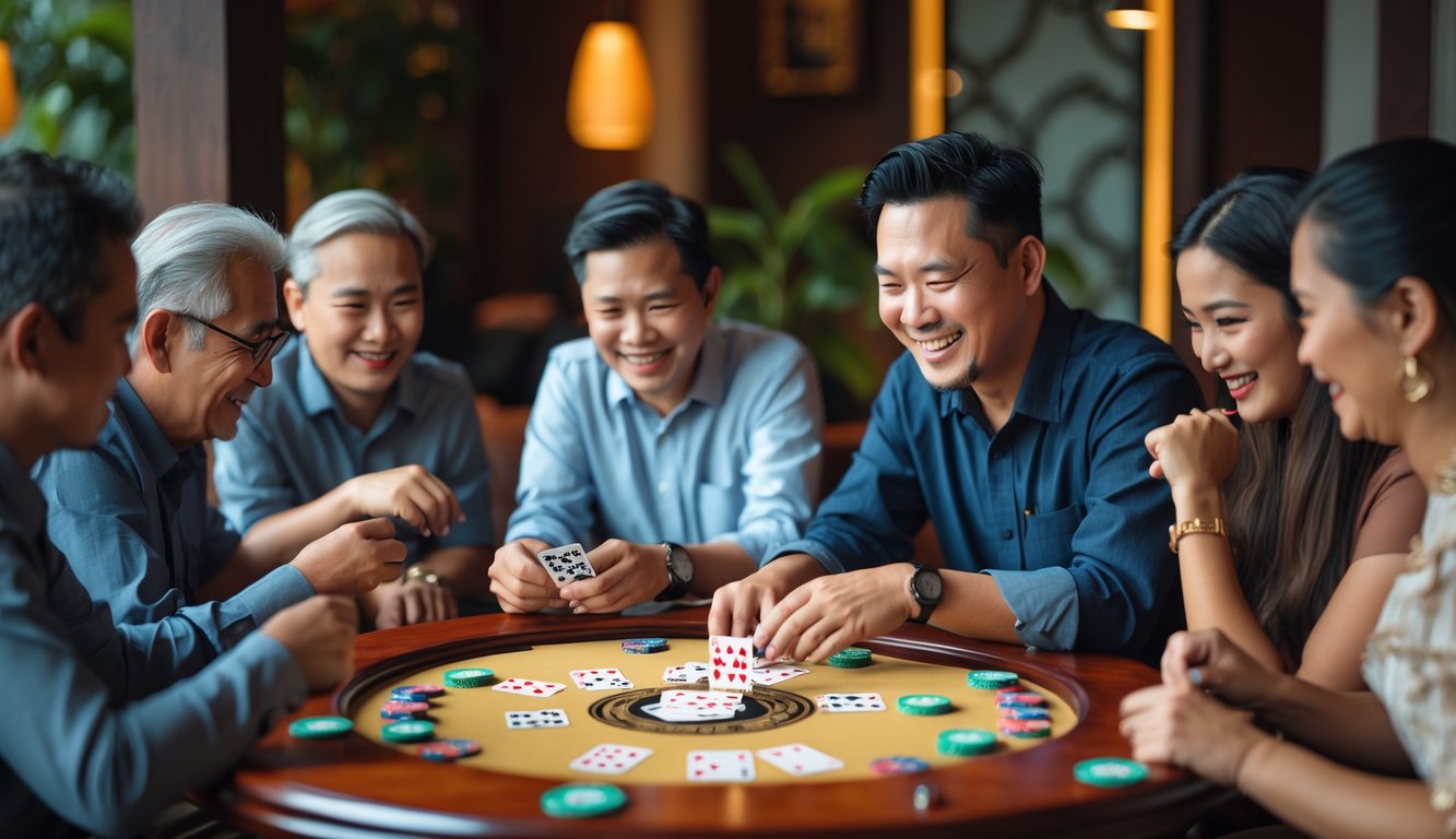 Sekelompok orang dewasa sedang bermain permainan kartu Capsa Gacor di meja kayu dengan ekspresi fokus dan antusias.