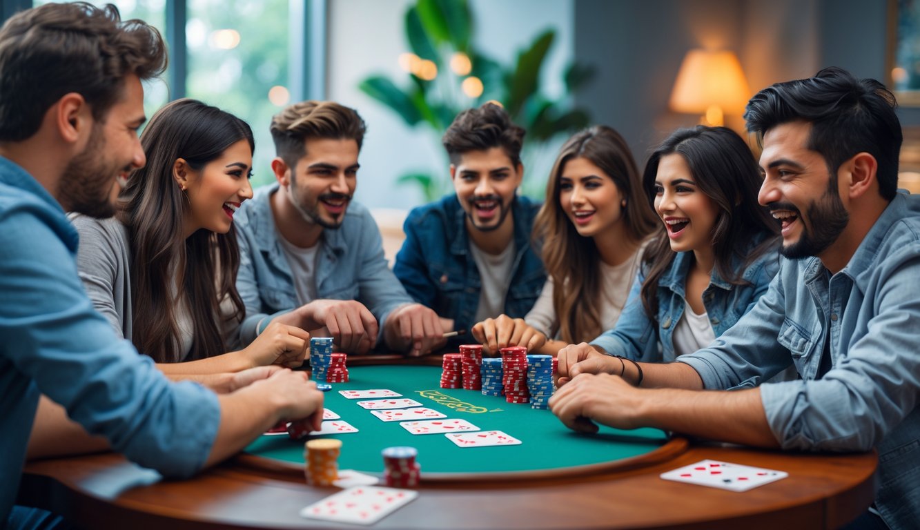 Sekelompok orang muda bermain kartu Capsa Gacor di meja kayu dengan ekspresi serius dan antusias.