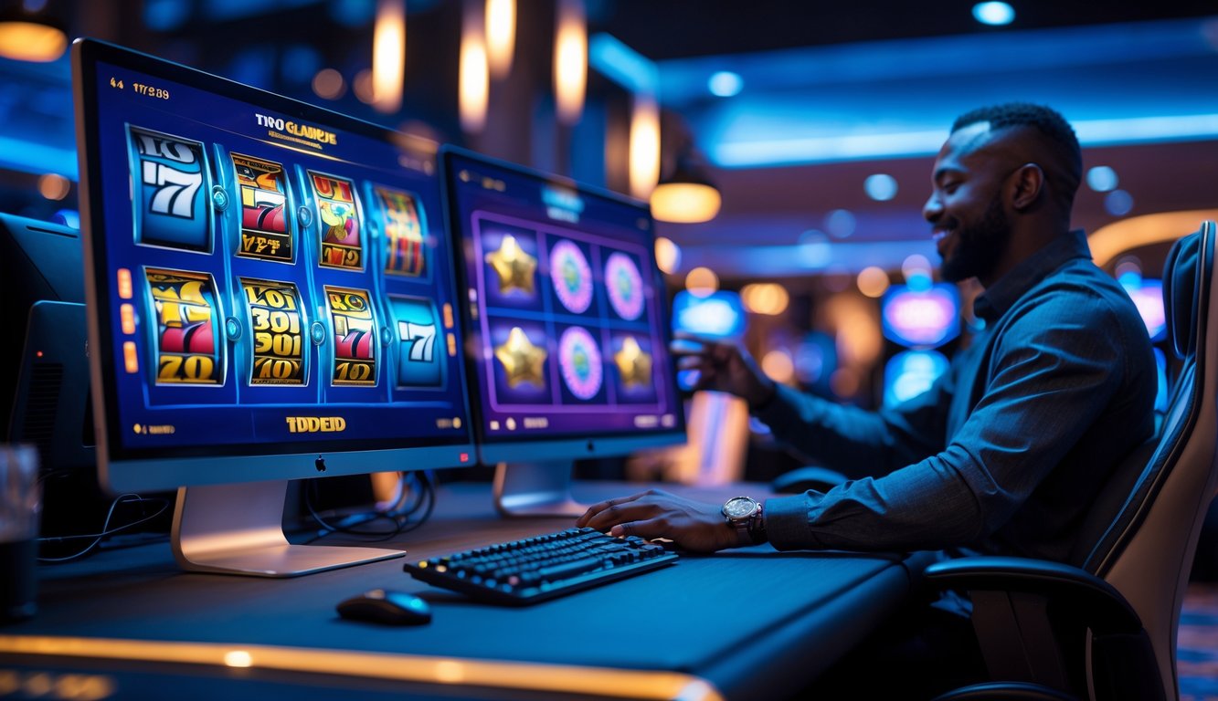 Seorang pria sedang menggunakan komputer dengan tampilan permainan slot digital di layar dalam ruangan modern yang terang.