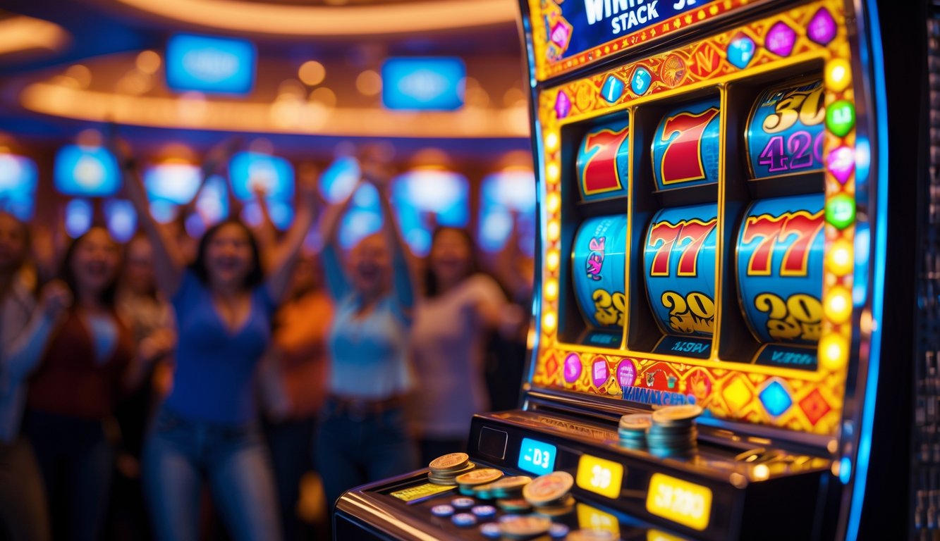 Mesin slot dengan lampu berwarna cerah dan koin yang tumpah, dikelilingi orang-orang yang merayakan kemenangan.