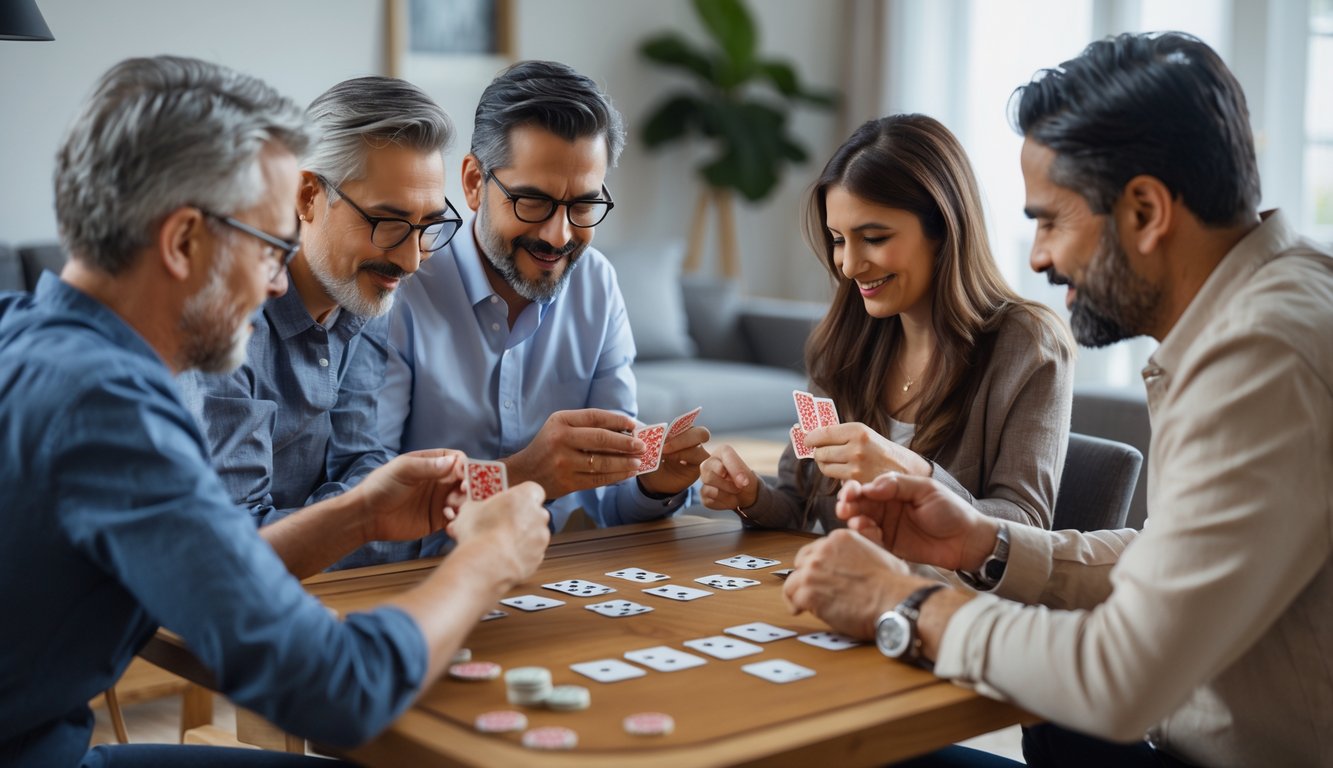 Empat orang dewasa sedang bermain kartu Capsa di meja kayu di ruang tamu yang terang dan nyaman.