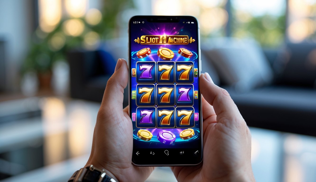 Seseorang memegang ponsel dengan layar menampilkan permainan slot yang berwarna-warni dan menarik.