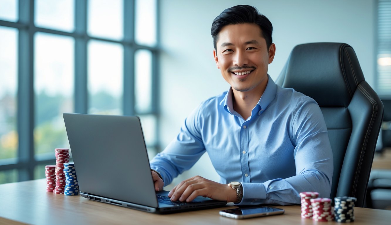 Seorang pria Asia Tenggara duduk di meja kantor modern dengan laptop dan ponsel, tersenyum ramah di ruangan terang dengan jendela besar.