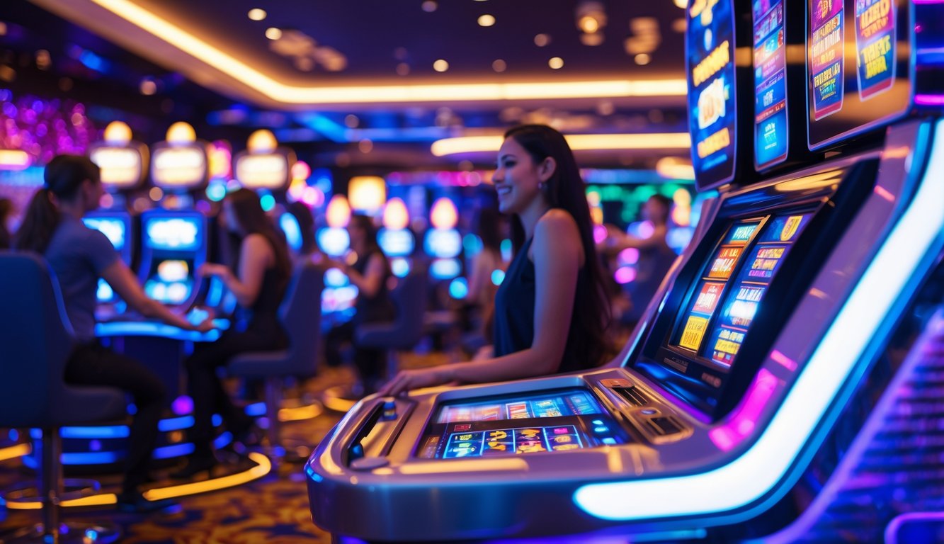 Suasana kasino modern dengan mesin slot berwarna-warni dan pemain yang sedang bermain di sekitar.