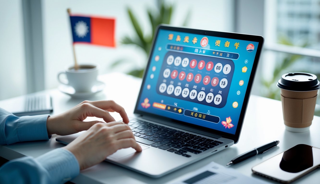 Seseorang menggunakan laptop di meja kerja dengan layar menampilkan permainan angka, di latar belakang terdapat elemen budaya Taiwan.