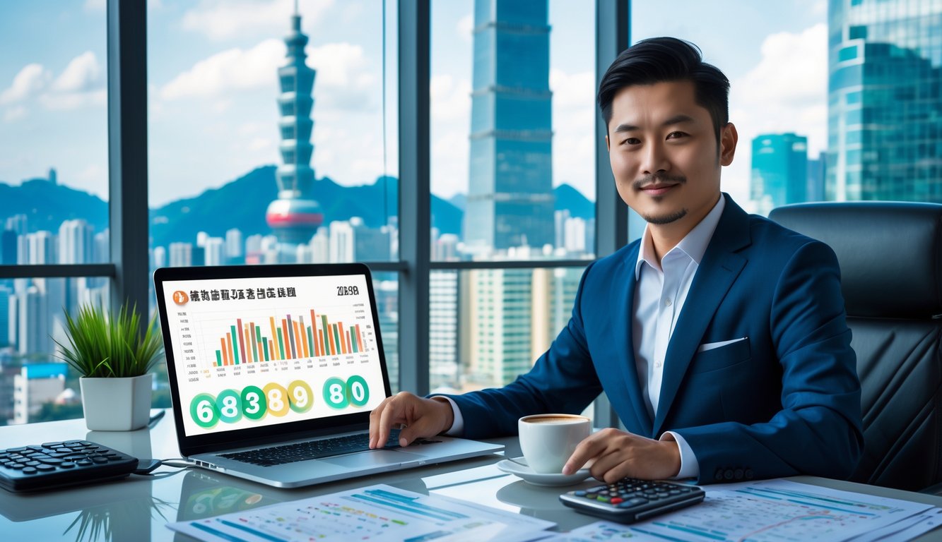 Seorang pria Asia di kantor modern dengan latar belakang kota Taipei, duduk di depan laptop dengan dokumen dan alat tulis di meja.