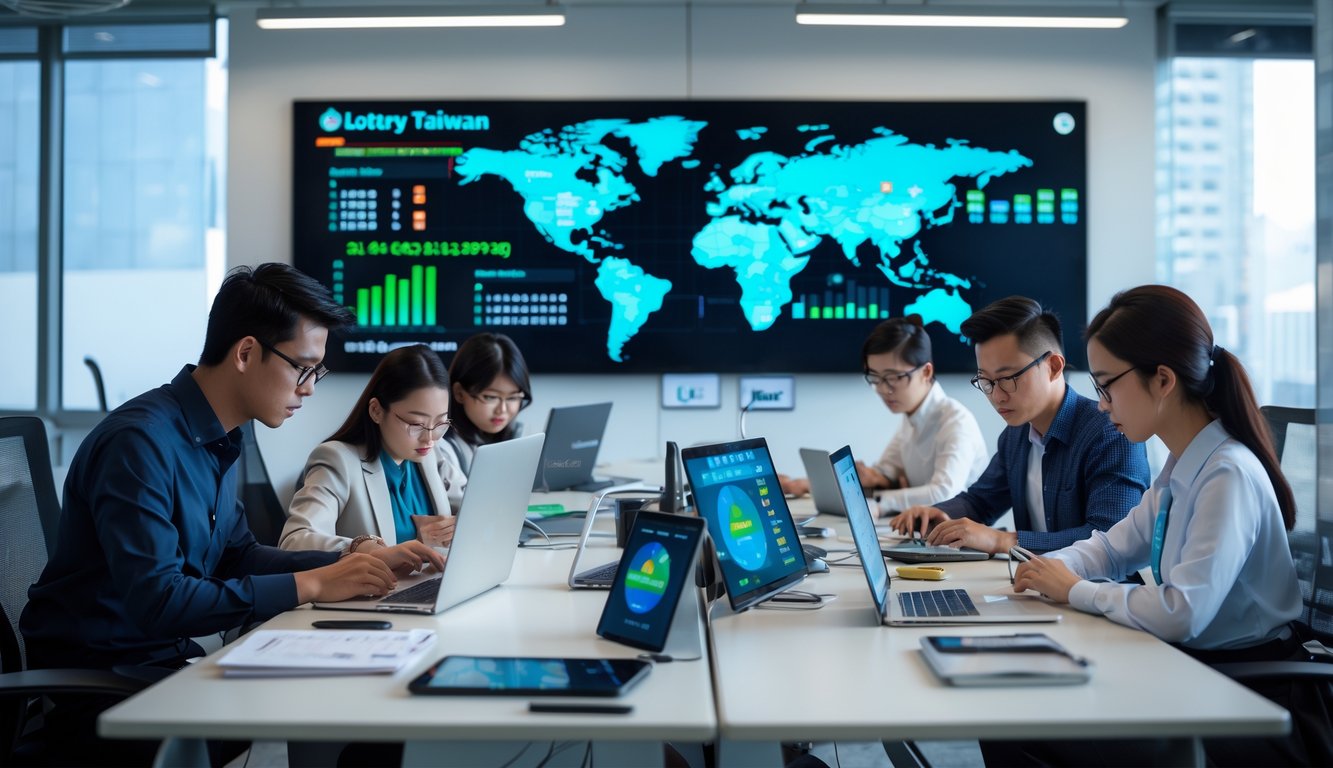 Beberapa orang sedang bekerja bersama di kantor dengan layar besar menampilkan peta Taiwan dan data angka togel.