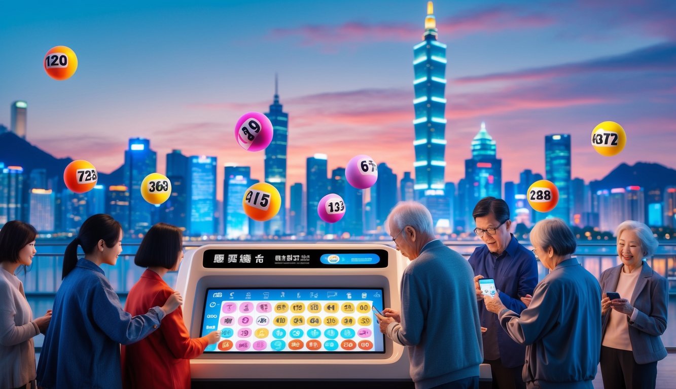 Orang-orang di kota Taipei yang sedang memeriksa tiket lotere dengan latar belakang gedung pencakar langit dan suasana malam hari.