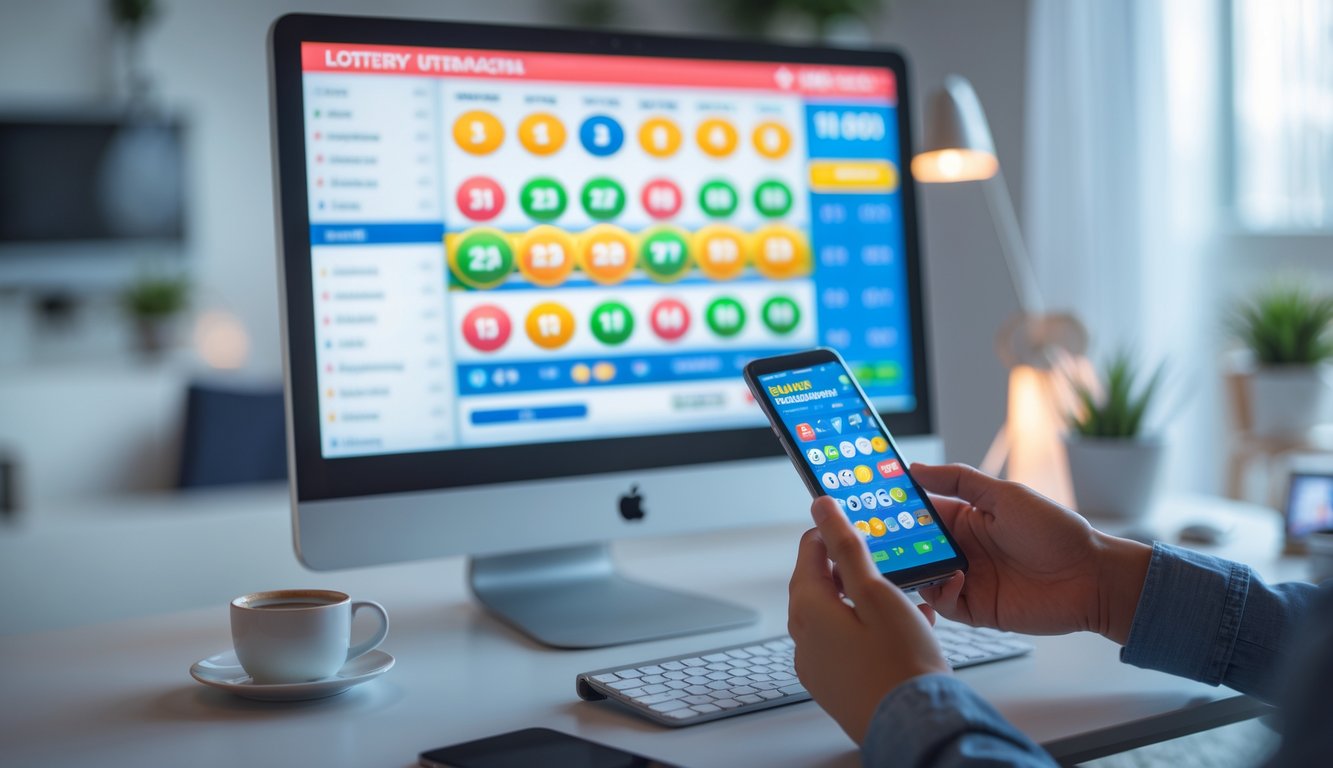 Meja kerja modern dengan komputer dan tangan seseorang yang menggunakan ponsel untuk bermain lotere online.