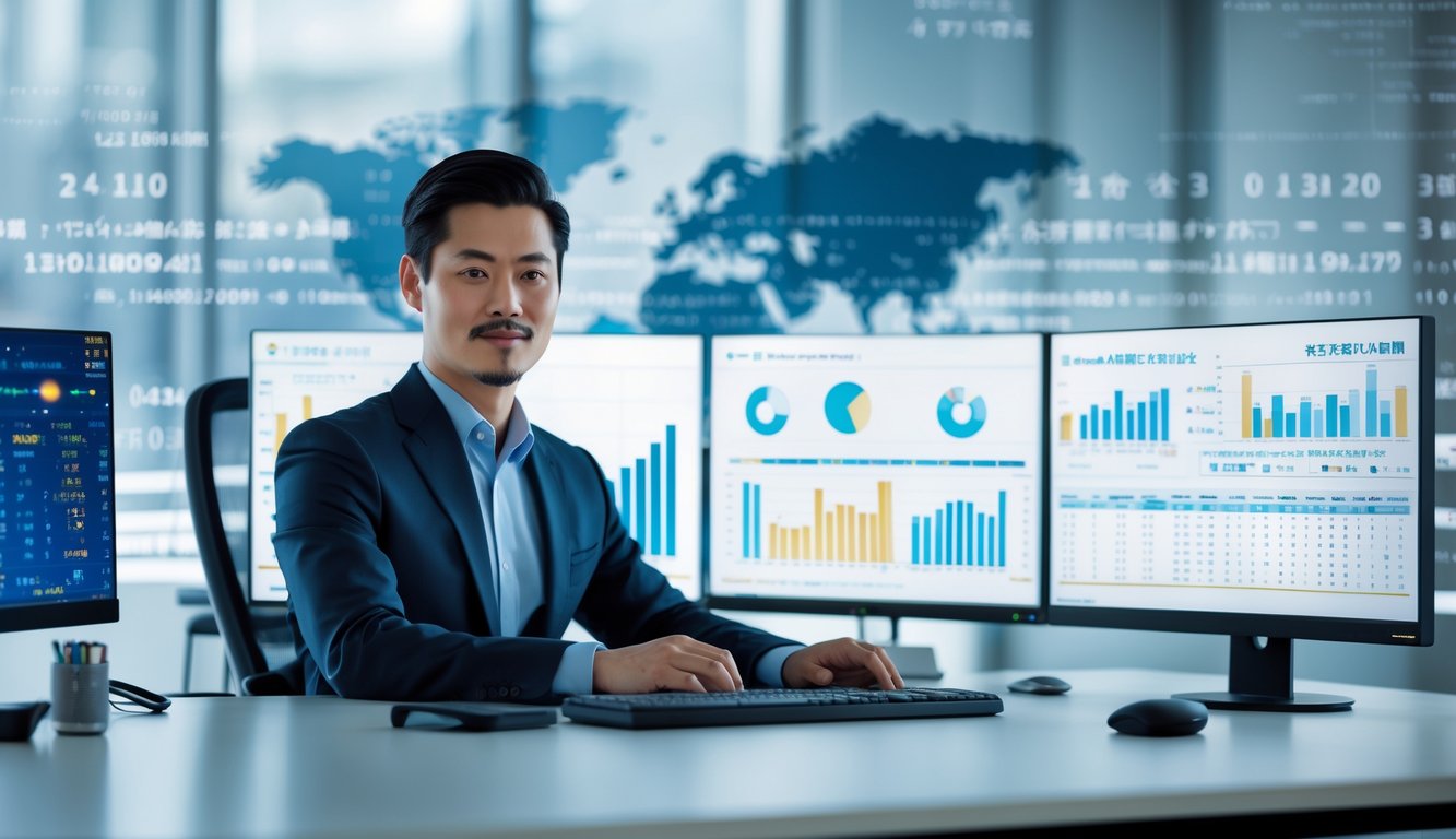 Seorang profesional bisnis Asia sedang bekerja di meja dengan beberapa monitor komputer yang menampilkan grafik dan data terkait statistik lotere di kantor modern.