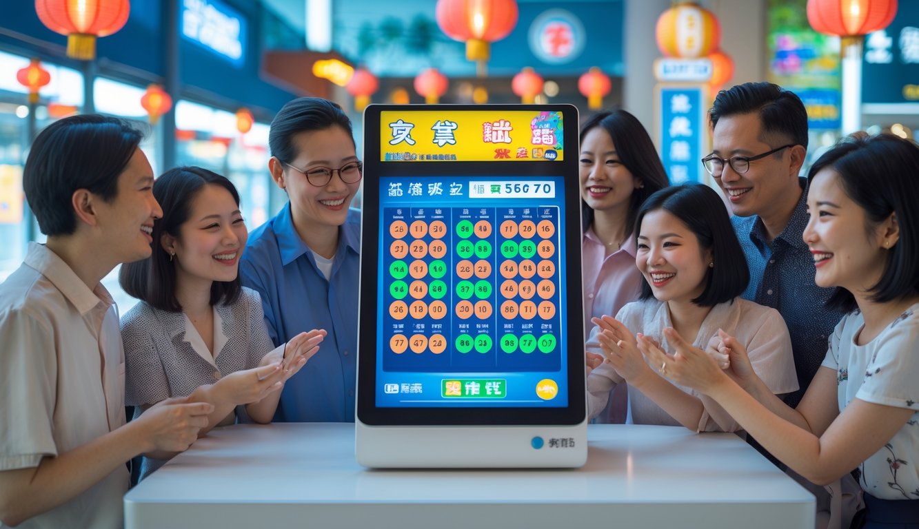Sekelompok orang sedang berkumpul di sekitar terminal lotere digital di sebuah kota modern di Taiwan.
