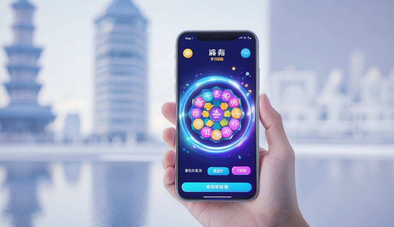Seseorang memegang ponsel modern dengan layar menampilkan aplikasi lotere yang berwarna-warni dan latar belakang yang bersih dengan elemen khas Taiwan samar-samar.