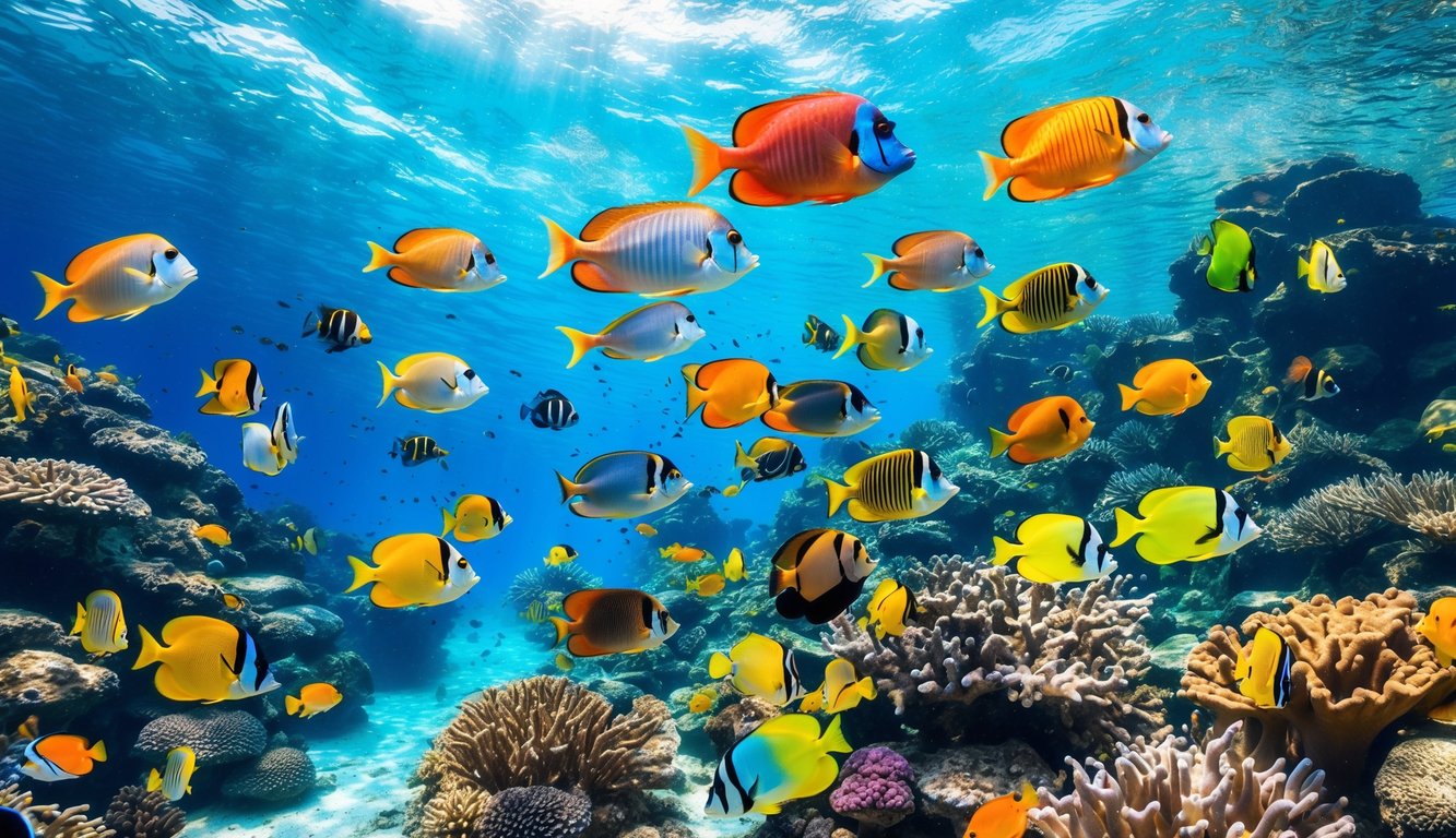 Pemandangan bawah laut dengan berbagai ikan tropis berwarna-warni berenang di antara terumbu karang yang indah.