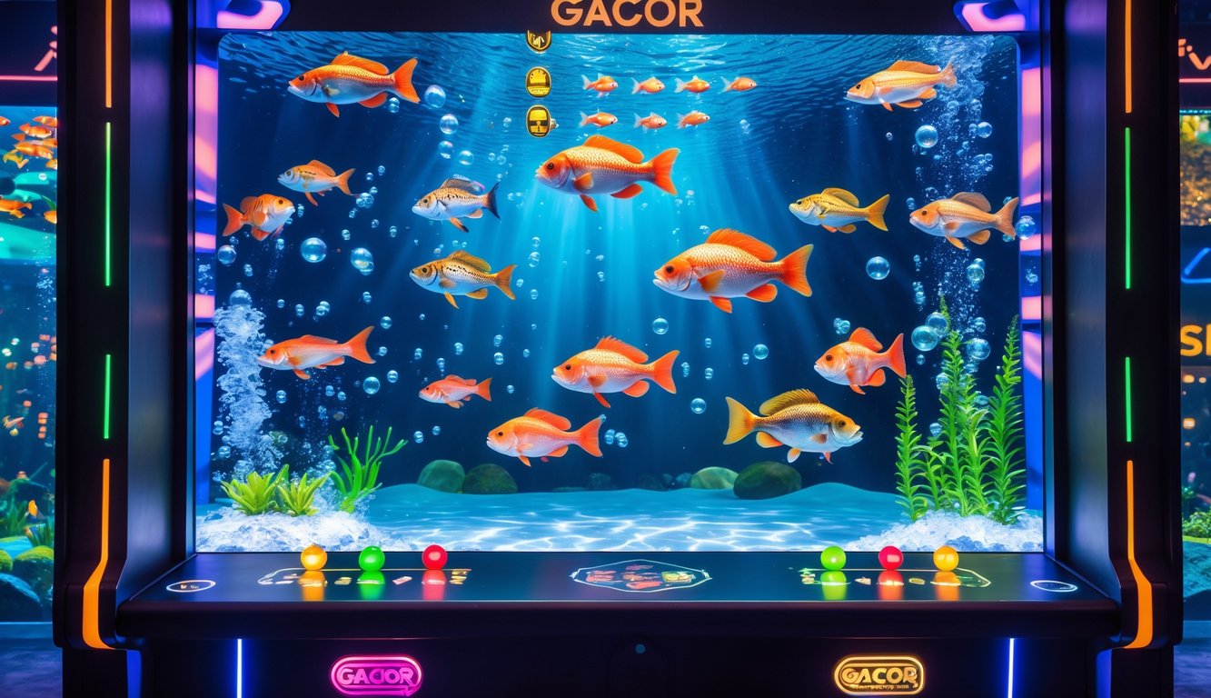 Mesin permainan tembak ikan dengan layar menampilkan ikan-ikan berwarna-warni yang bergerak cepat di bawah air.