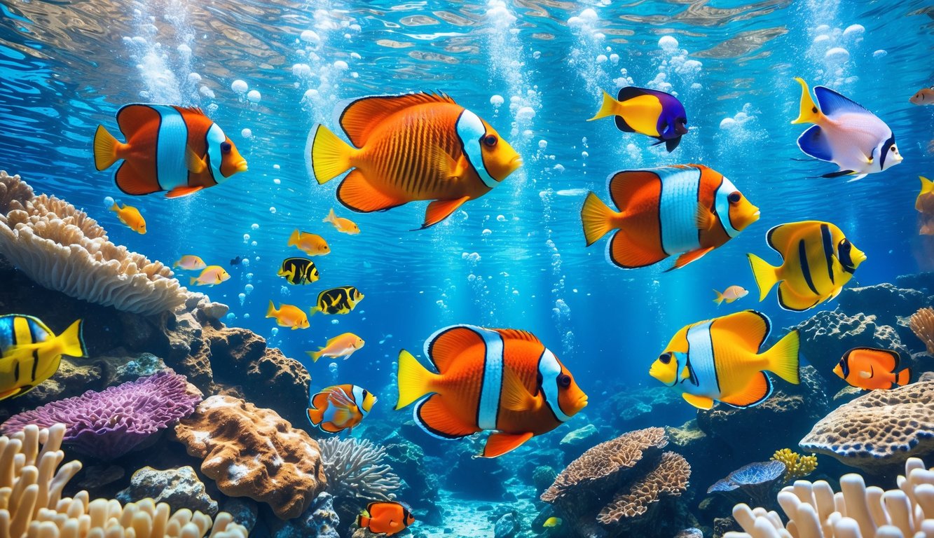 Pemandangan bawah laut dengan berbagai ikan tropis berwarna-warni berenang di sekitar terumbu karang.