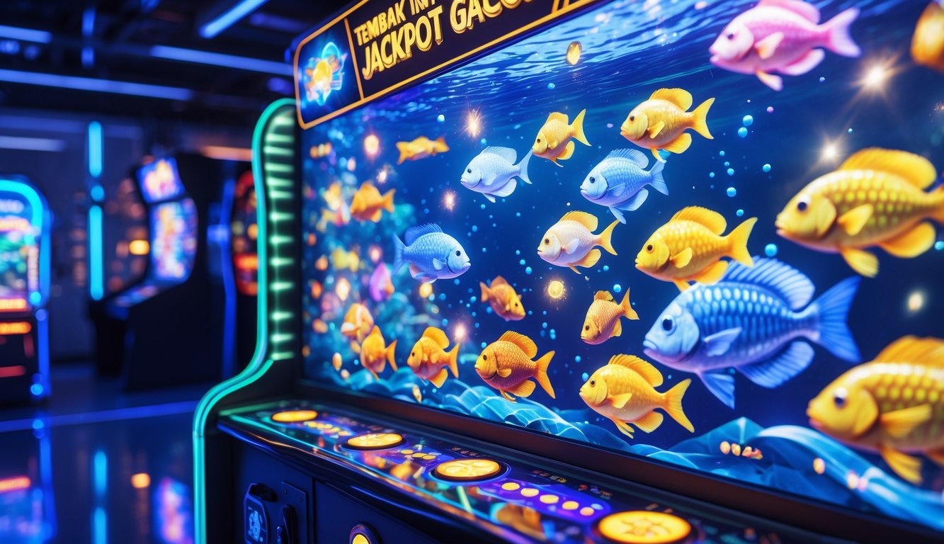 Layar permainan arcade bawah laut dengan ikan warna-warni dan ikon jackpot yang bersinar.