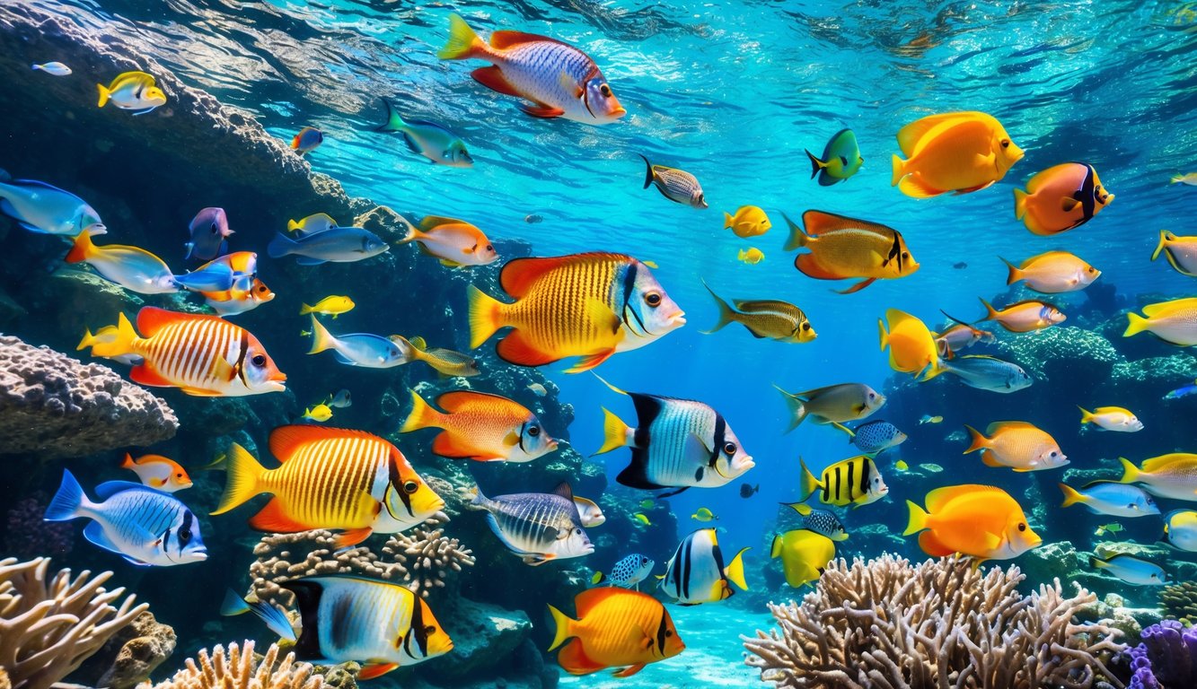 Beragam ikan tropis berwarna-warni berenang di sekitar terumbu karang di bawah air yang jernih.