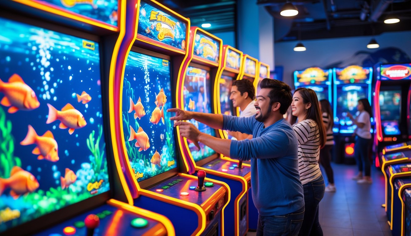 Orang-orang sedang bermain mesin permainan tembak ikan di dalam sebuah arena permainan yang terang dan penuh warna.