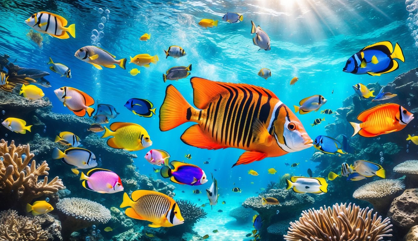 Pemandangan bawah laut dengan ikan tropis berwarna-warni berenang di sekitar terumbu karang.