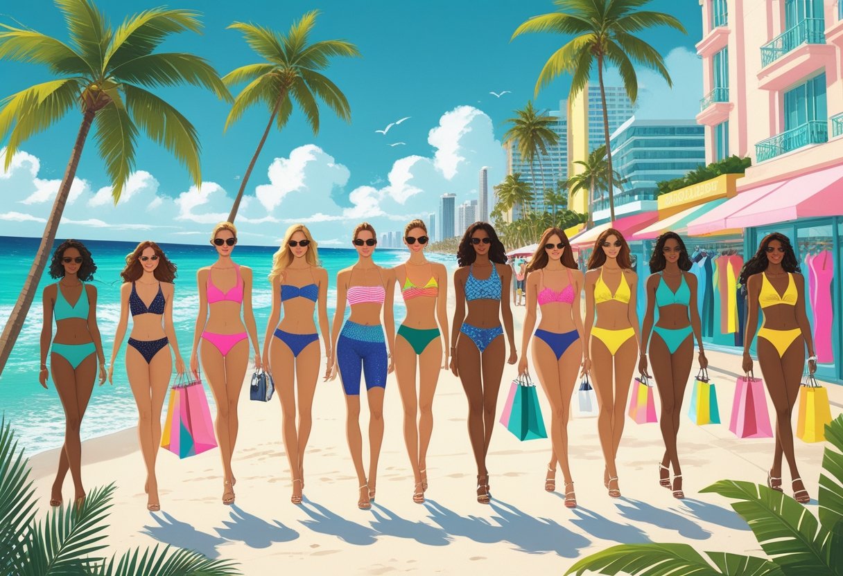 A lively Miami beach scene with diverse models wearing colorful swimwear, palm trees, ocean, and Art Deco buildings in the background.