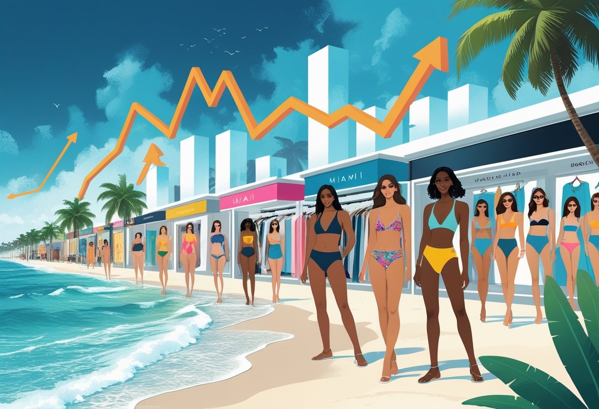 A lively Miami beach scene with diverse people wearing swimwear, retail stores in the background, and graphical elements showing market growth.