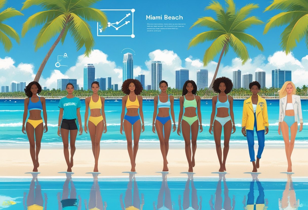 A diverse group of people wearing modern swimwear on a sunny Miami beach with palm trees and a city skyline in the background.
