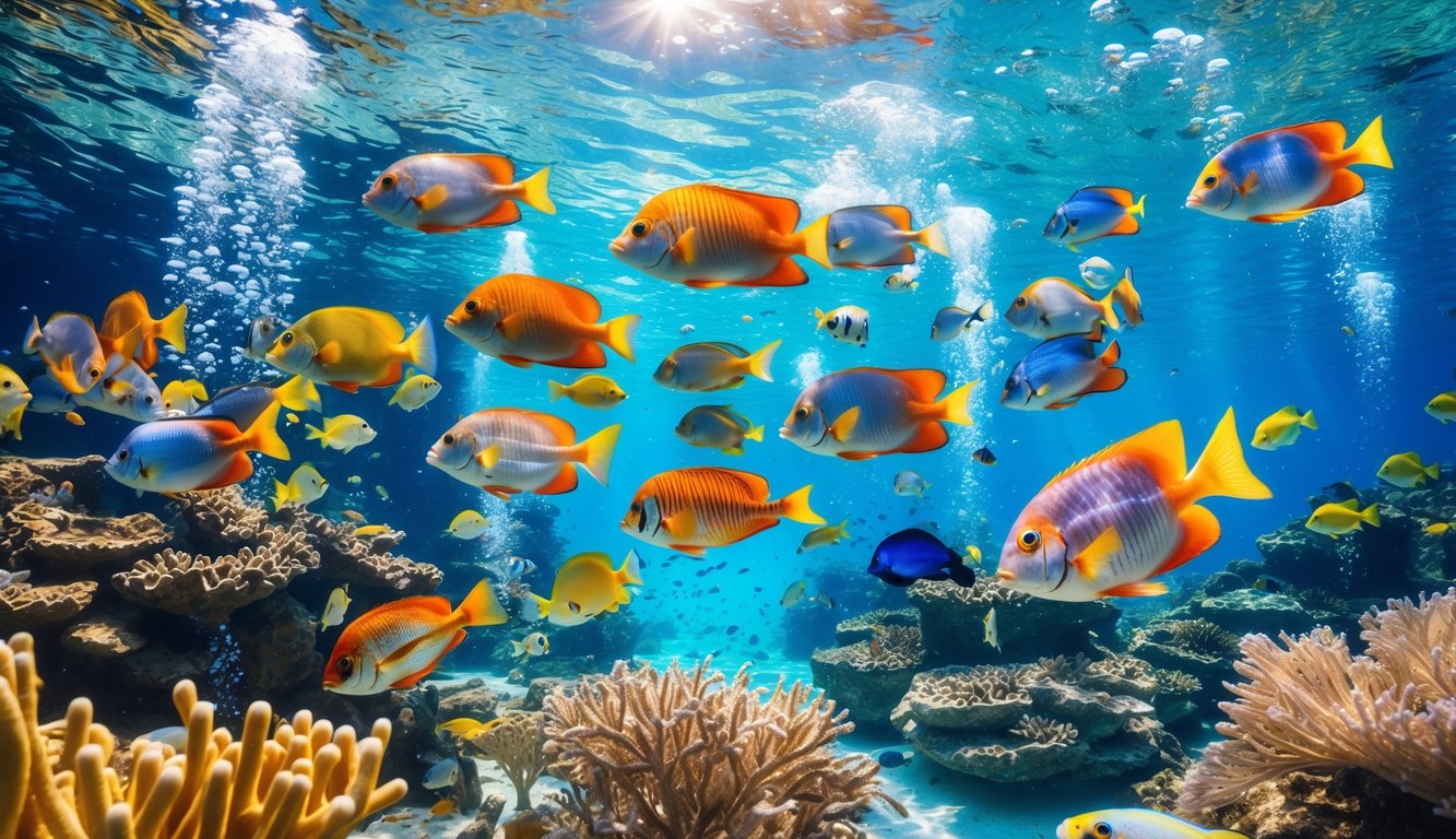 Pemandangan bawah laut dengan berbagai ikan berwarna-warni yang berenang di sekitar terumbu karang.