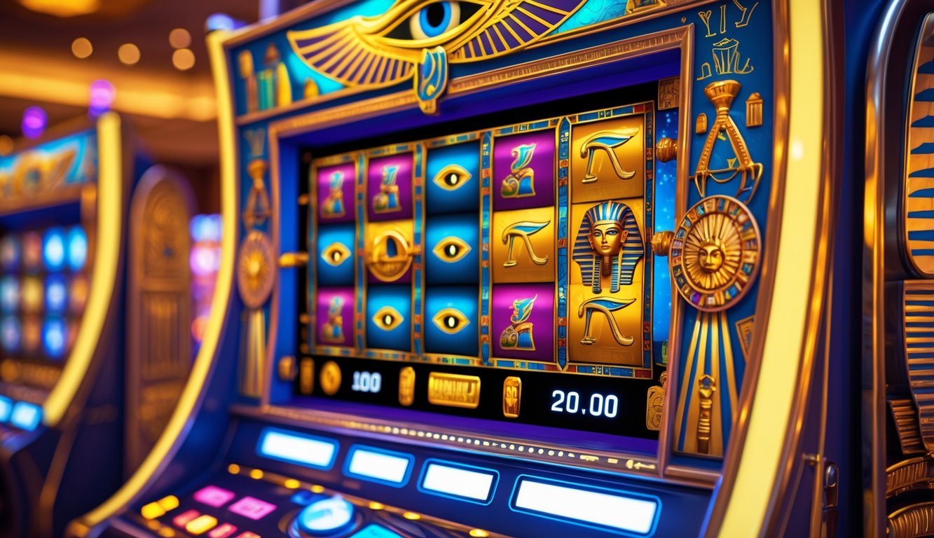 Mesin slot bertema Mesir kuno dengan dekorasi emas dan simbol-simbol Mesir, dikelilingi oleh pencahayaan warna-warni di dalam kasino.