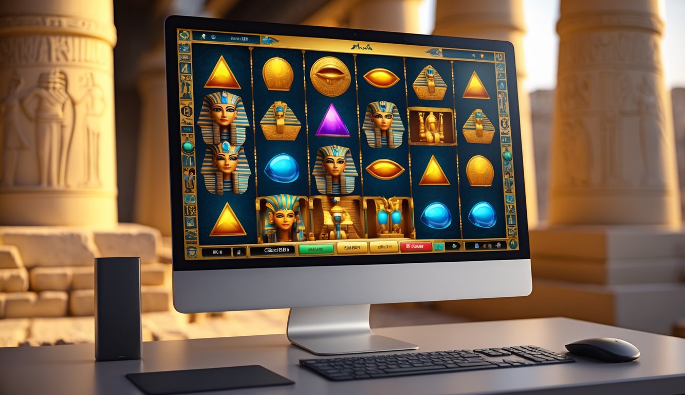 Layar komputer menampilkan permainan slot online bertema Mesir dengan simbol-simbol seperti scarab emas, topeng firaun, dan piramida, di atas meja kerja minimalis.
