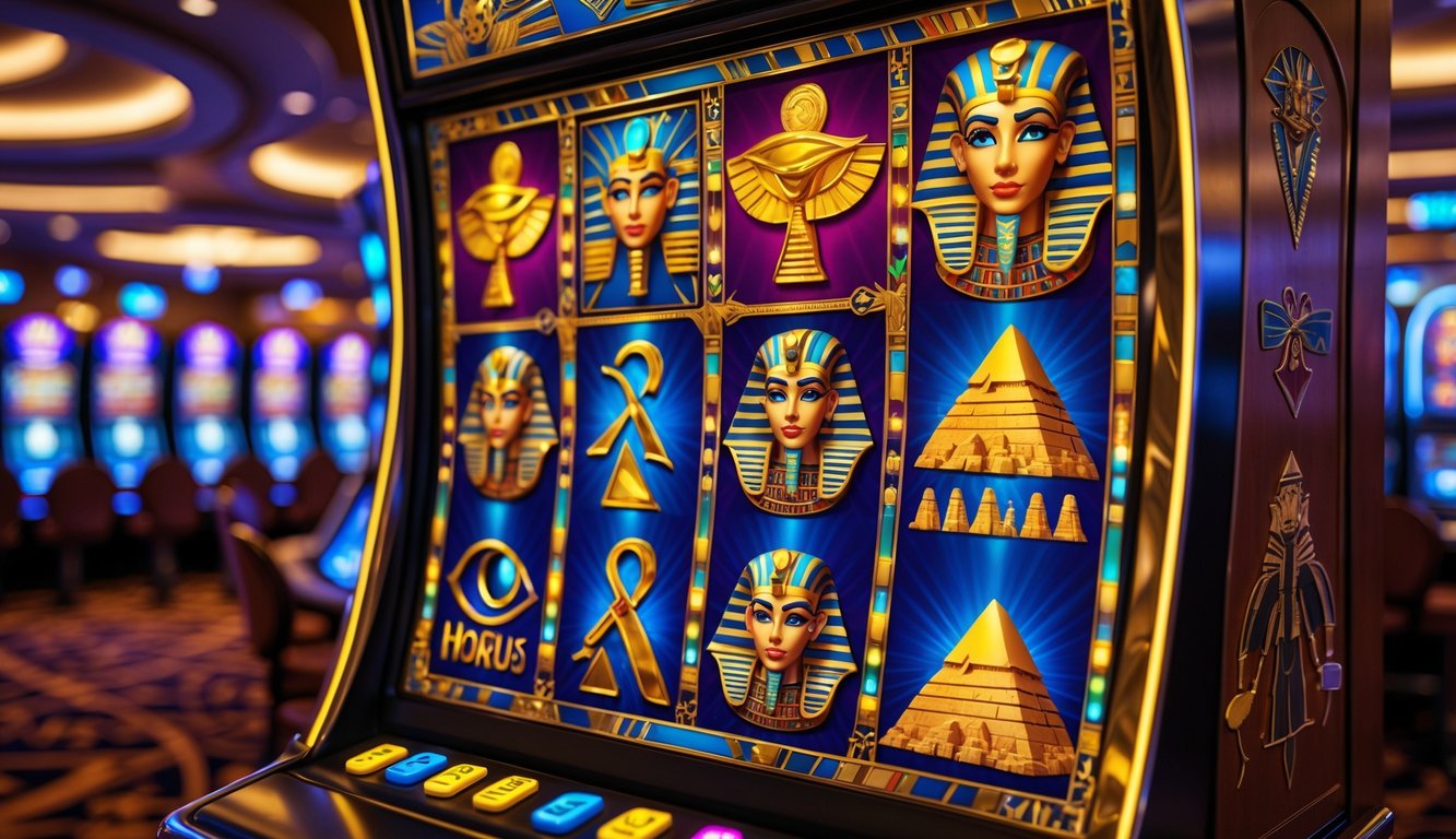 Mesin slot bertema Mesir kuno dengan simbol-simbol seperti scarab emas, firaun, dan piramida di dalam kasino.