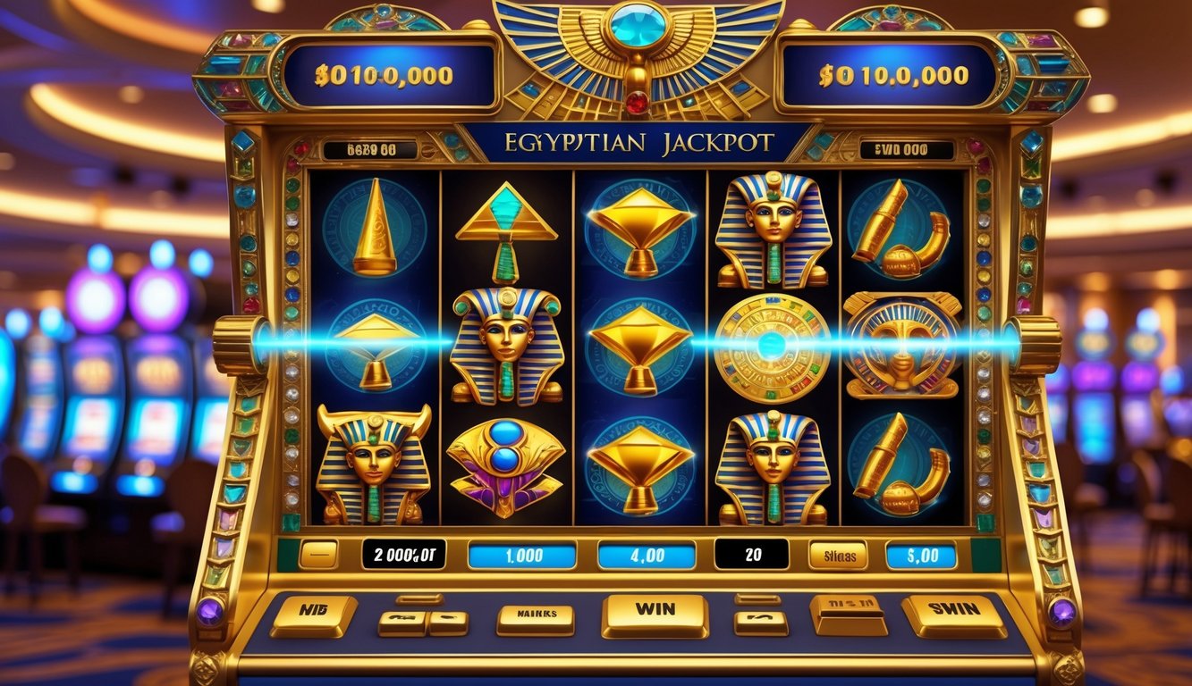 Mesin slot bertema Mesir dengan simbol jackpot dan latar kasino mewah.
