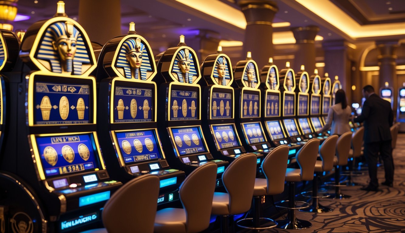 Suasana kasino dengan mesin slot bertema Mesir kuno yang dihiasi simbol dan motif Mesir, dengan beberapa pemain yang sedang bermain.