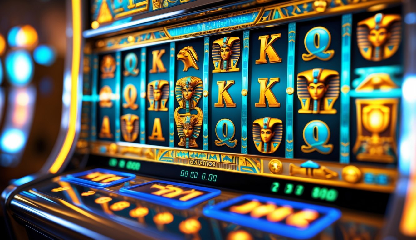 Mesin slot dengan tema Mesir kuno menampilkan simbol-simbol emas dan piramida dengan cahaya berkilau.