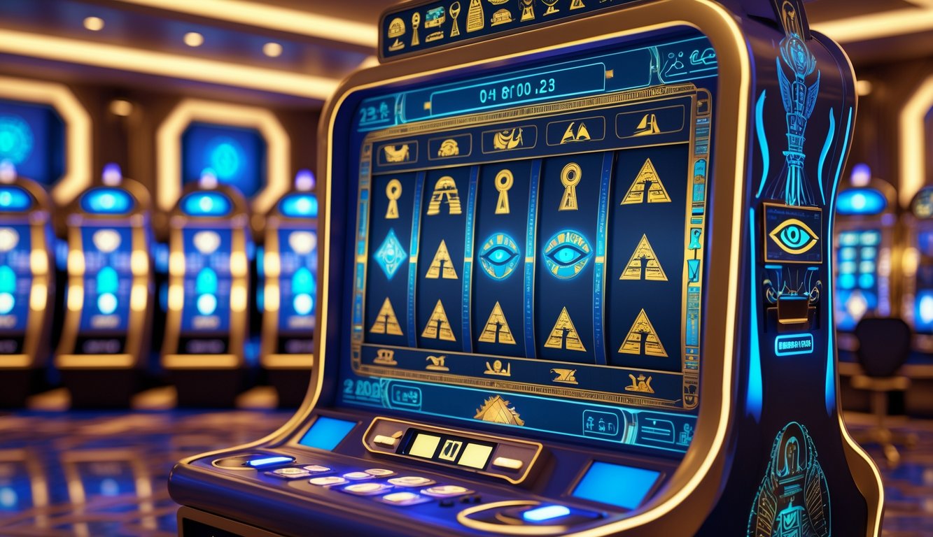 Mesin slot bertema Mesir kuno dengan simbol futuristik di dalam kasino modern.