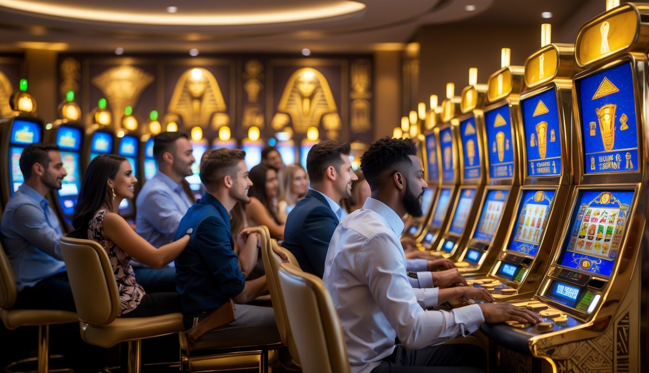 Beberapa orang bermain mesin slot bertema Mesir kuno di dalam kasino yang terang dan modern.