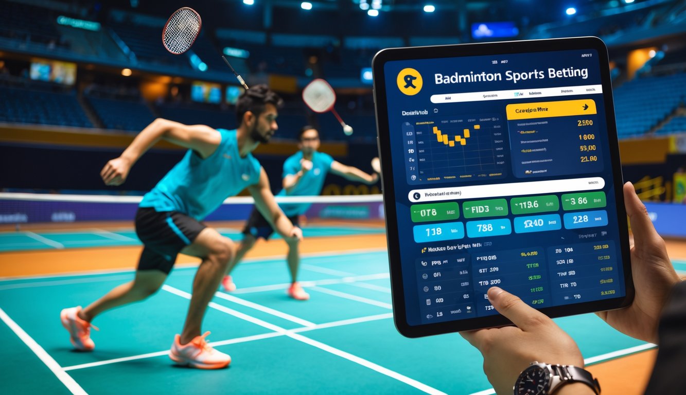 Seorang pemain bulu tangkis sedang melakukan smash di lapangan dalam ruangan dengan layar perangkat digital menampilkan taruhan olahraga bulu tangkis di latar depan.