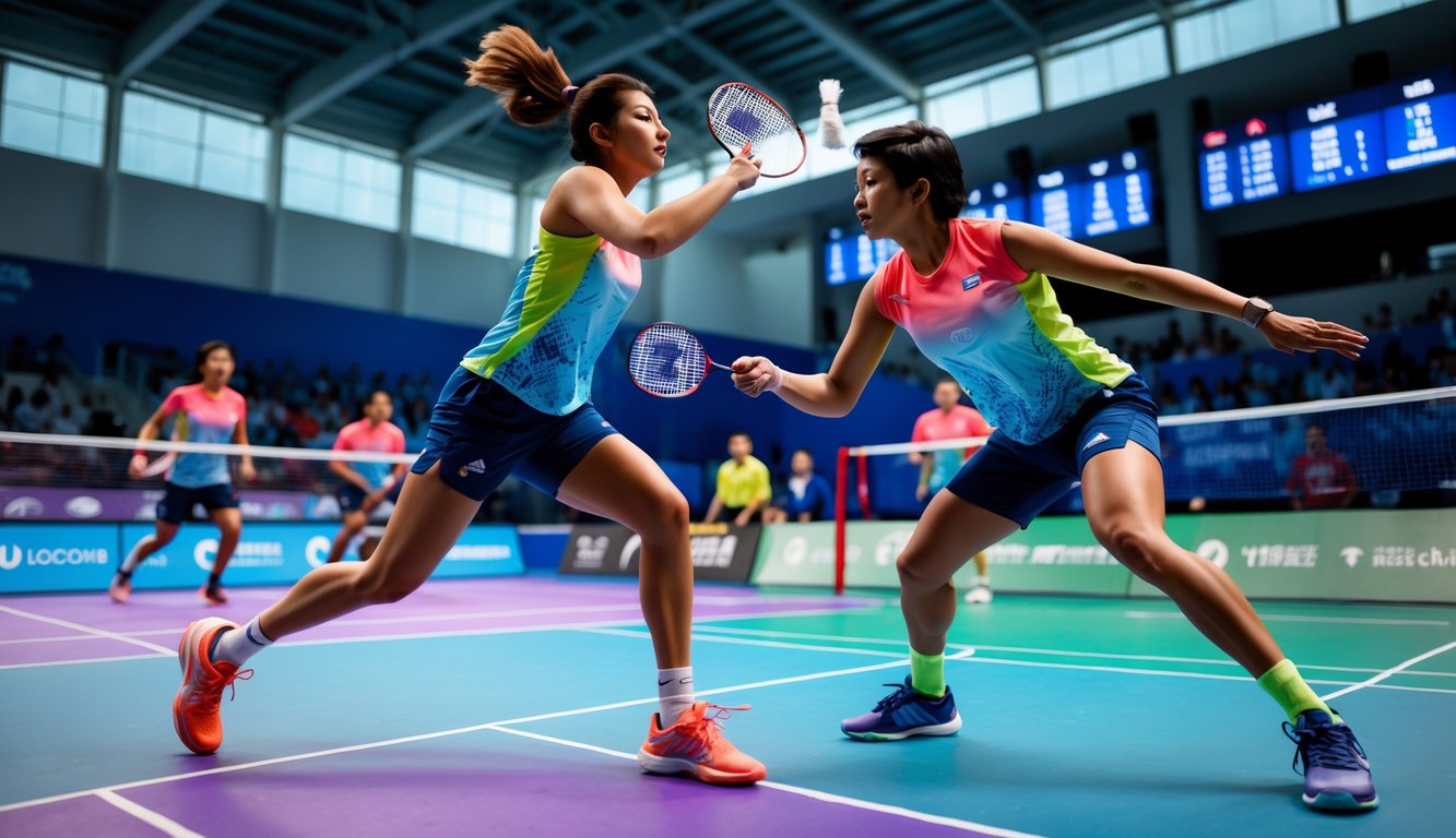 Dua pemain bulu tangkis sedang bertanding di lapangan dalam ruangan dengan pencahayaan terang.