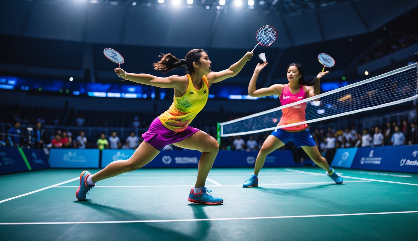 Dua pemain bulu tangkis sedang bertanding di lapangan dalam ruangan dengan penonton di latar belakang.