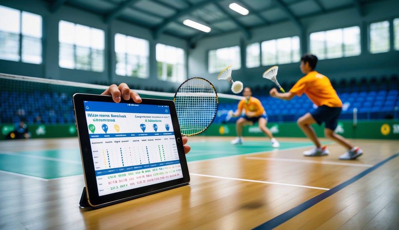 Seorang analis olahraga sedang melihat tablet di dekat lapangan bulu tangkis dengan dua pemain yang sedang bertanding.