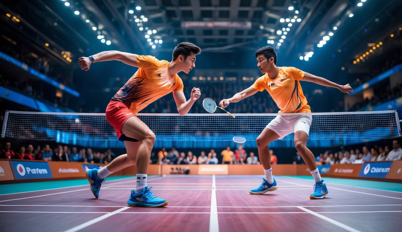 Dua pemain bulu tangkis sedang bertanding di lapangan dalam ruangan dengan penonton di belakang.