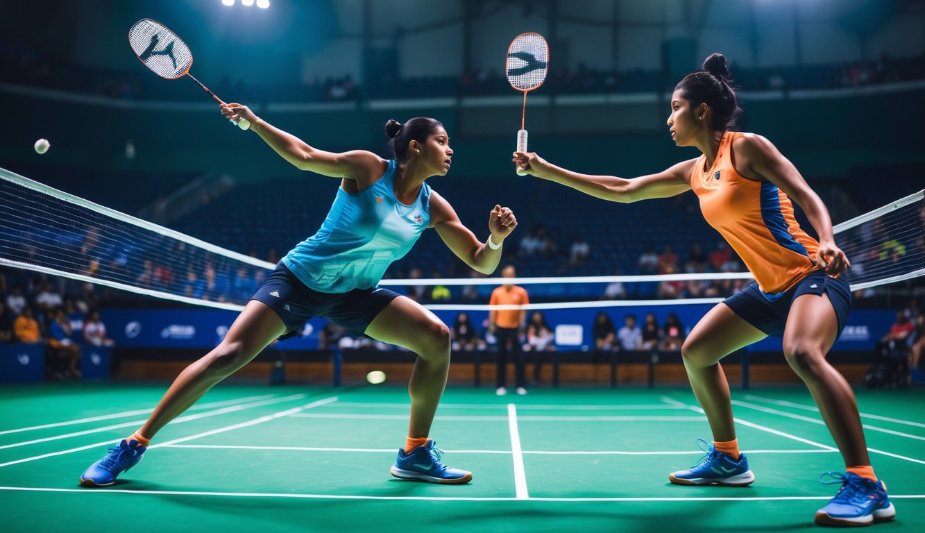 Dua pemain bulu tangkis sedang bertanding di lapangan dalam ruangan dengan shuttlecock di udara.